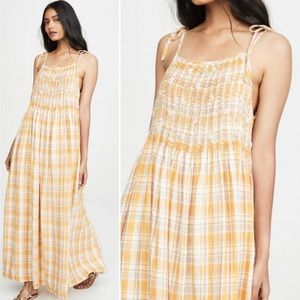 Innika Choo Hilla Raeos Maxi Dress Linen Plaid Check Smocked Embroidered Strappy